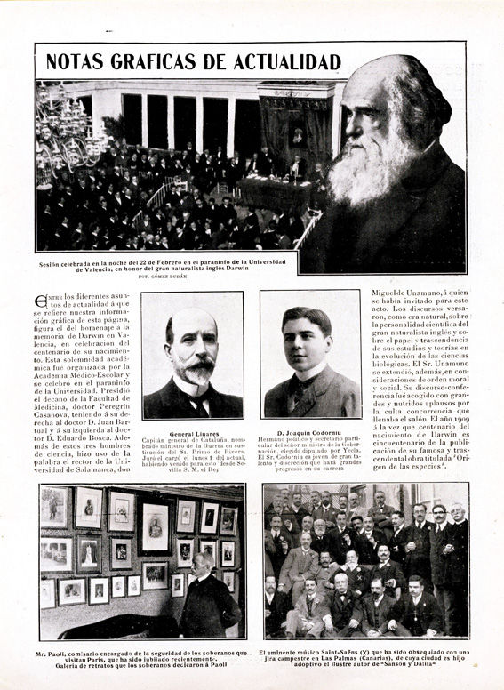 P&aacute;gina de Nuevo mundo donde apareci&oacute; la noticia del homenaje a Darwin, Valencia 1909