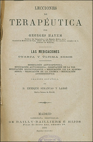 Portada traducci&oacute;n castellana de la Terap&eacute;utica de Hayem